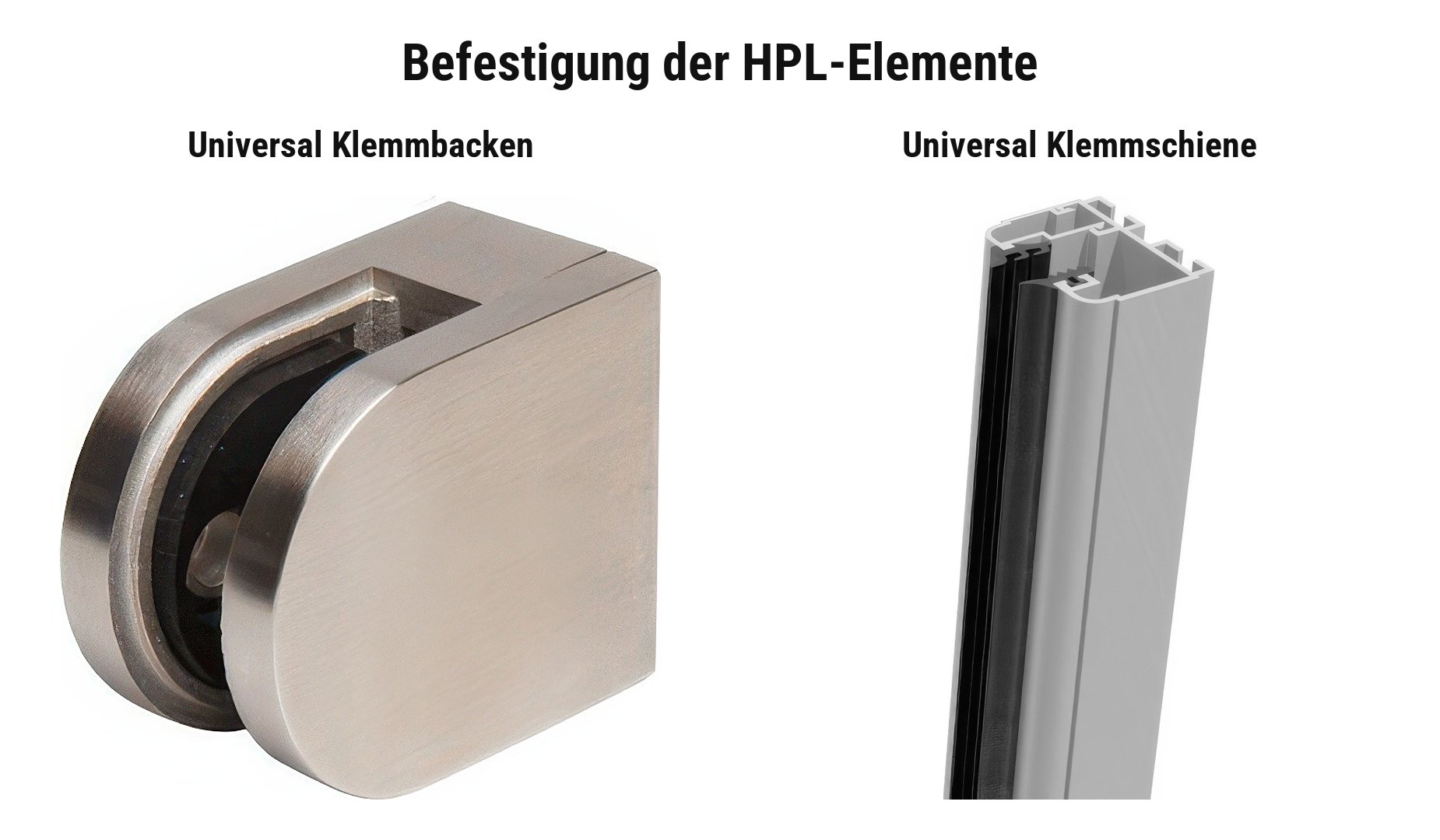 Befestigung HPL Sichtschutzzaun Skive: Universal Klemmbacken aus Edelstahl oder Universal Klemmschienen in Pfostenfarbe