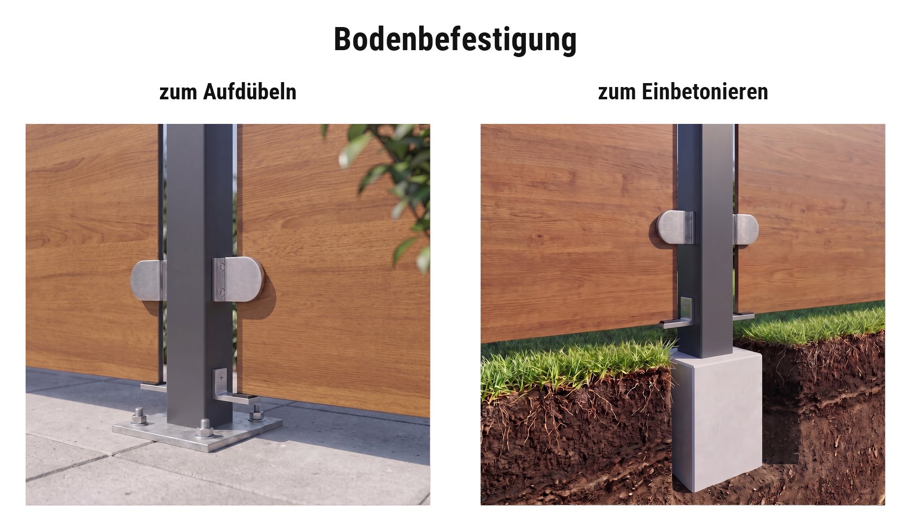 Montage HPL Sichtschutzzaun Skive: Universal Pfosten mit Pfostenkonsole aufgedübelt oder im Betonfundament