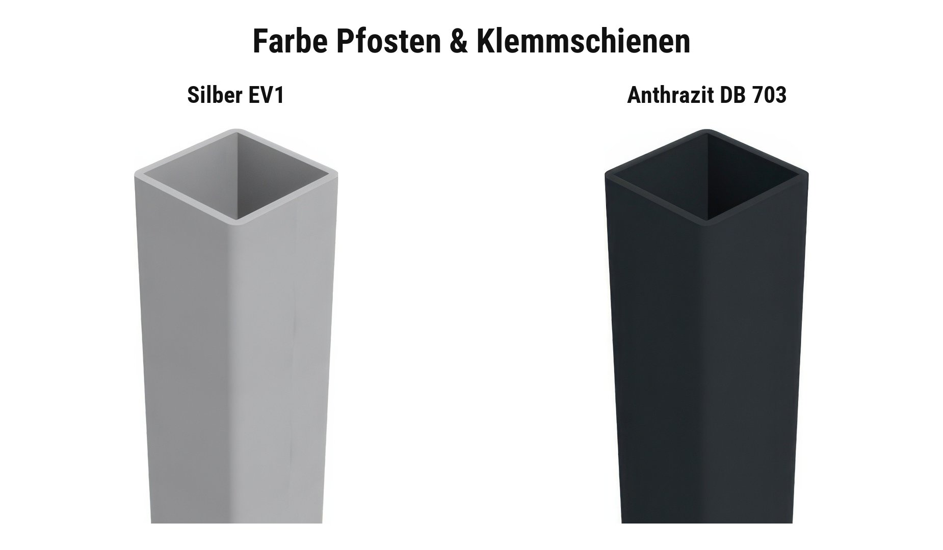 Farbauswahl HPL Sichtschutzzaun Skive: Universal Pfosten und Klemmschienen in Silber EV1 oder Anthrazit DB 703