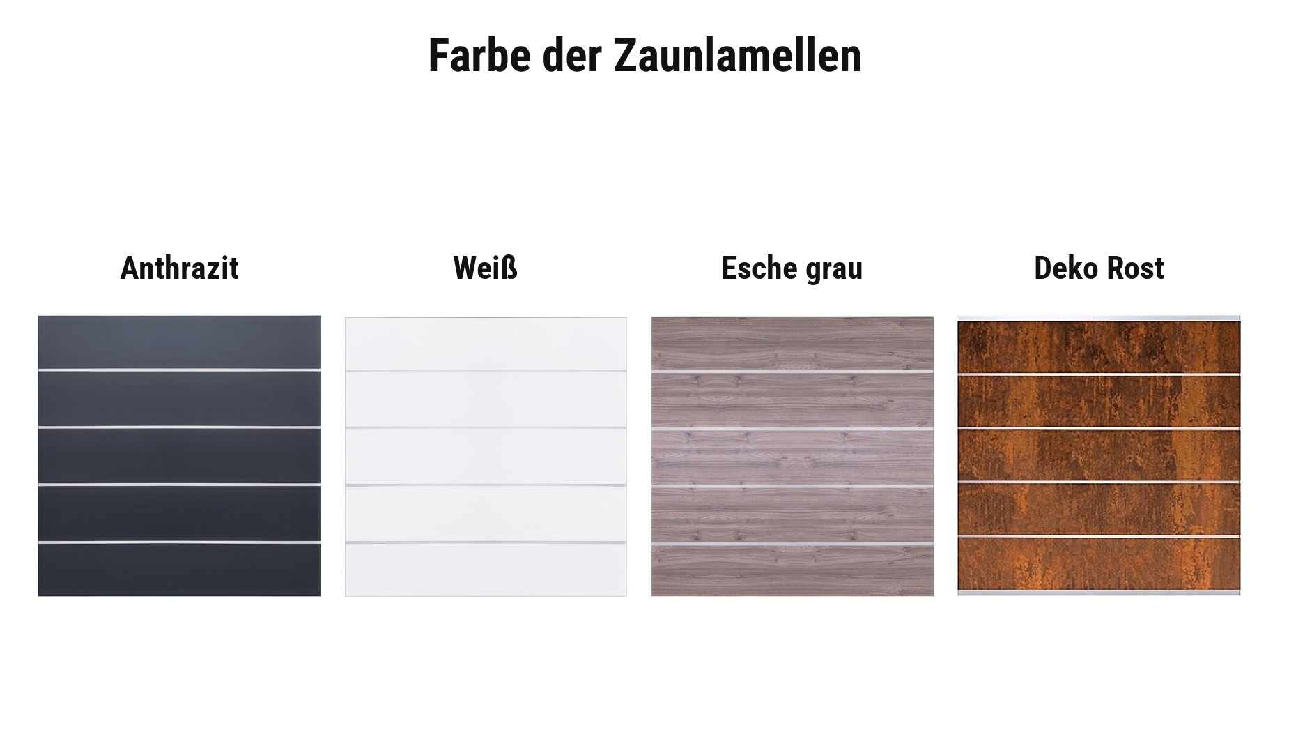 Farbauswahl HPL Steckzaun: Lamellen in Anthrazit, Weiß, Esche grau und Deko Rost