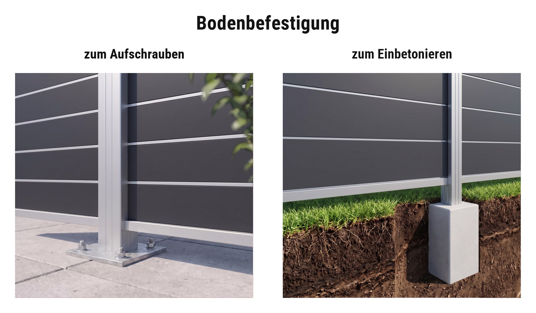 Montage HPL Steckzaun: Pfosten mit Pfostenträger auf Terrassenplatten oder im Betonfundament