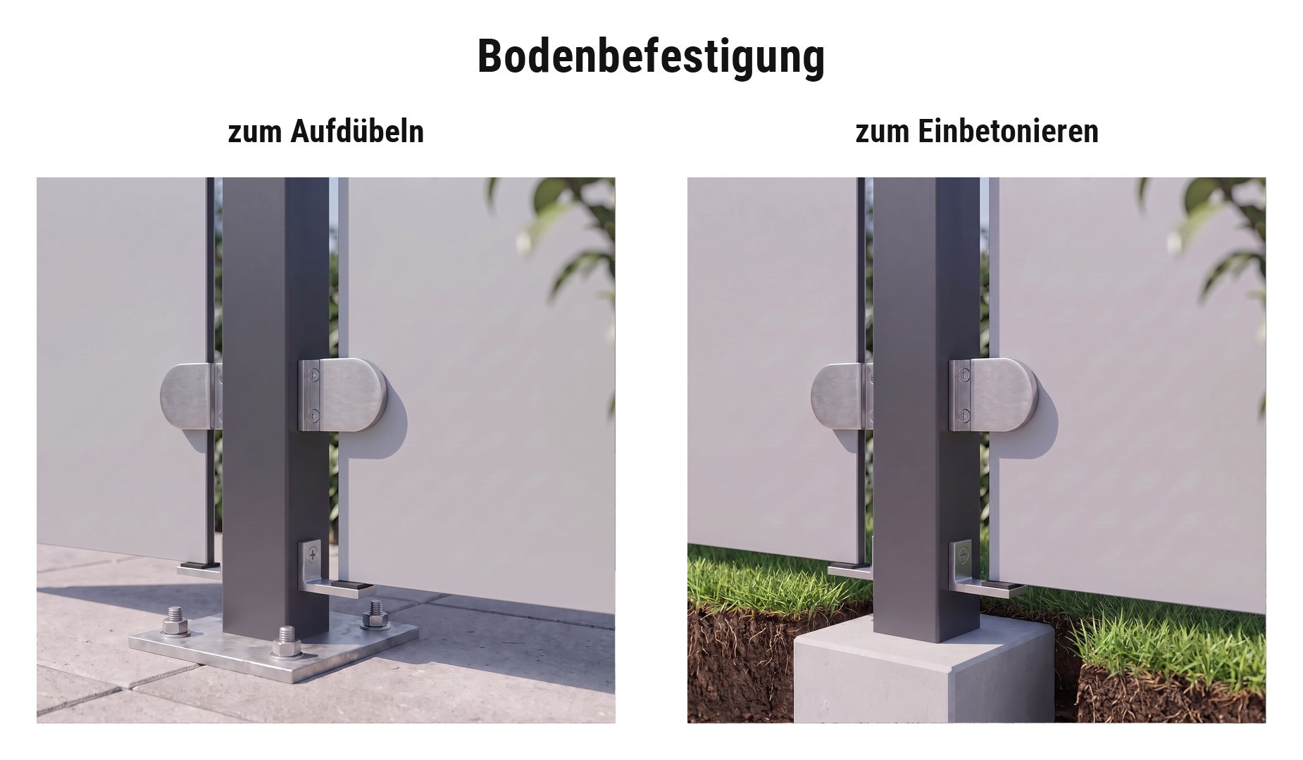 Montage HPL Zaun Farum: Universal Pfosten mit Pfostenkonsole aufgedübelt oder im Betonfundament