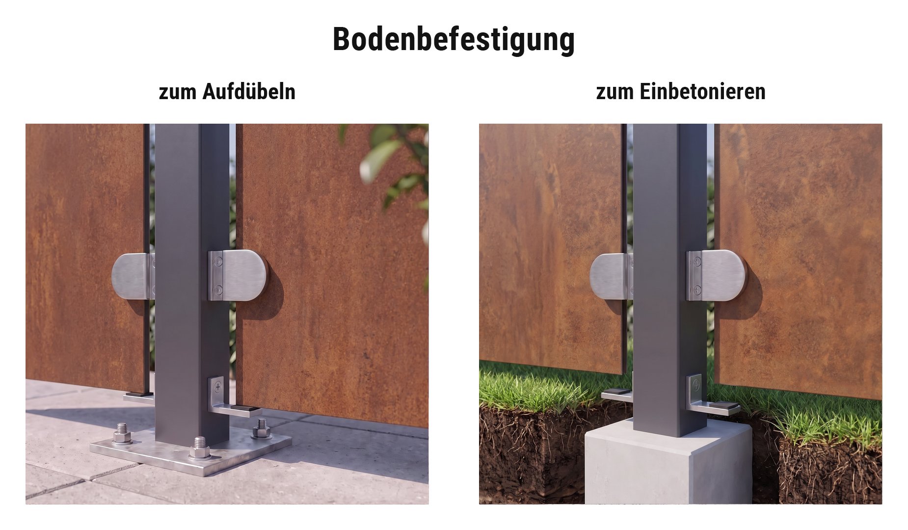 Montage HPL Zaunsystem Ringsted: Universal Pfosten mit Pfostenkonsole aufgedübelt oder im Betonfundament