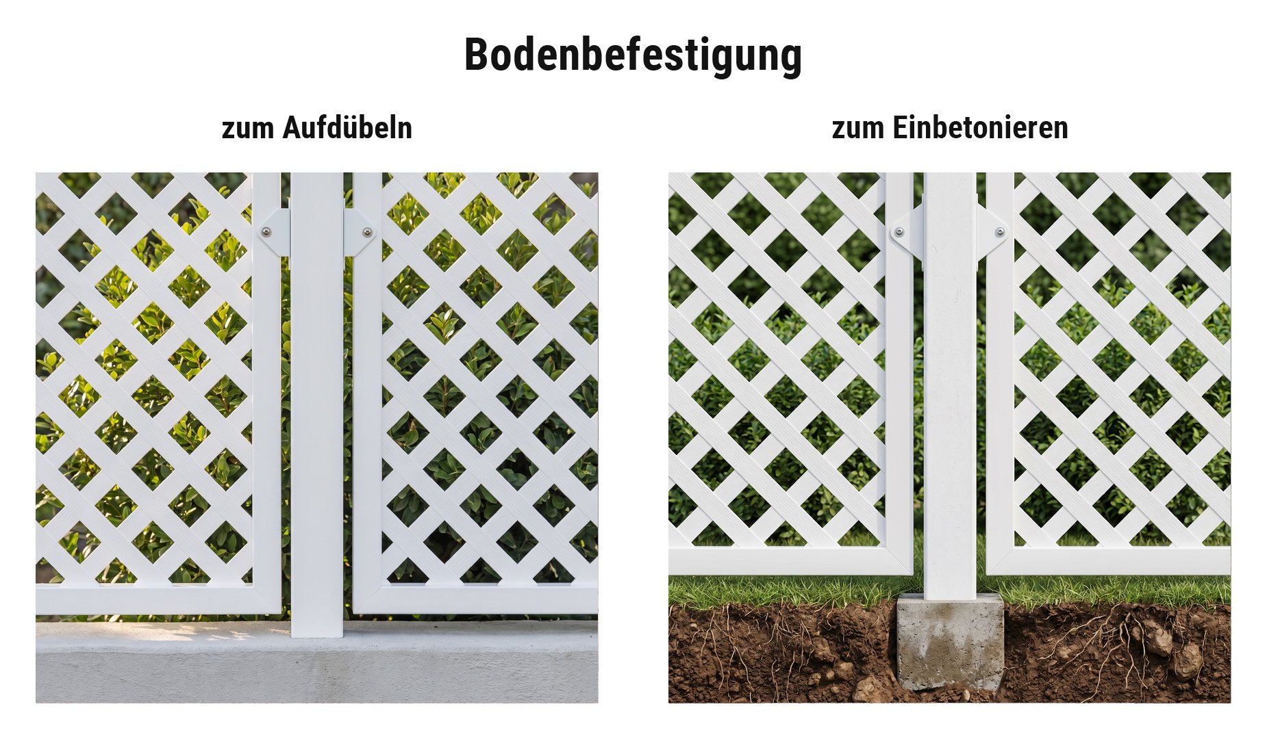 Montage Kunststoff Rankgitter Wangerooge: Zaunpfähle einbetoniert oder mit Pfostenanker aufgedübelt