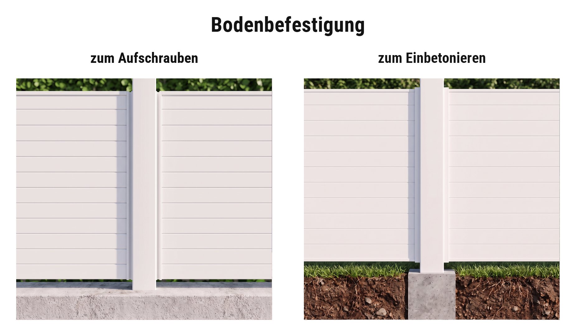 Montage Kunststoff Sichtschutzwand Vario: Zaunpfosten einbetoniert oder mit Pfostenanker aufgeschraubt