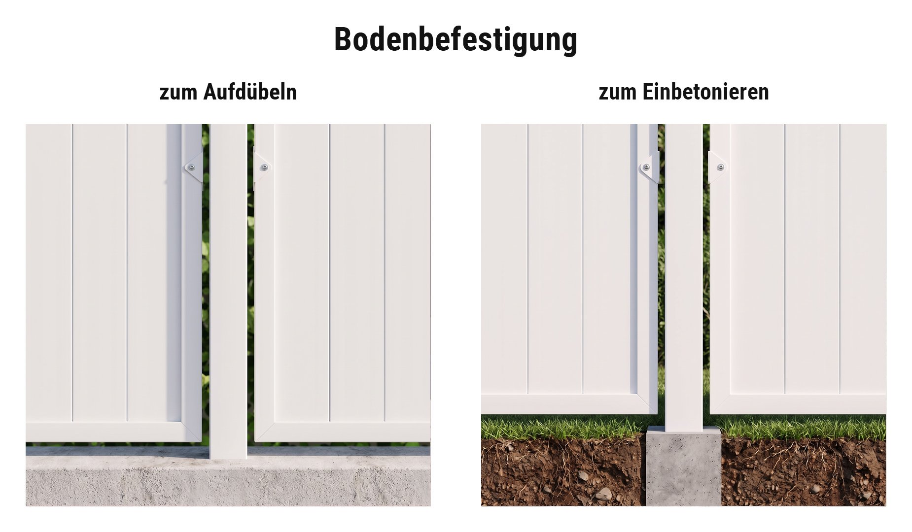 Montage Kunststoff Sichtschutzzaun Würzburg: Zaunpfähle einbetoniert oder mit Pfostenanker aufgedübelt