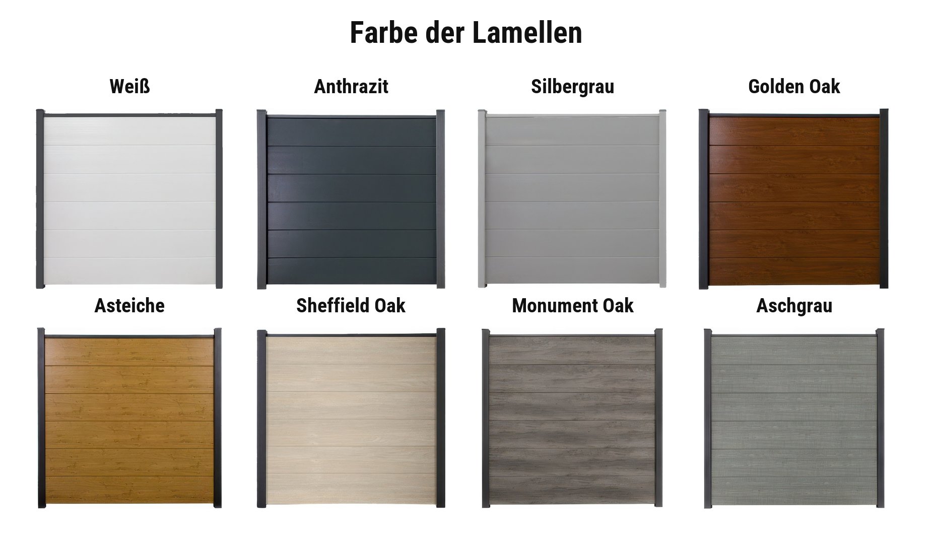 Farbauswahl PVC Steckzaun Maxi: PVC-Lamellen in Weiß und 7 Folierungen