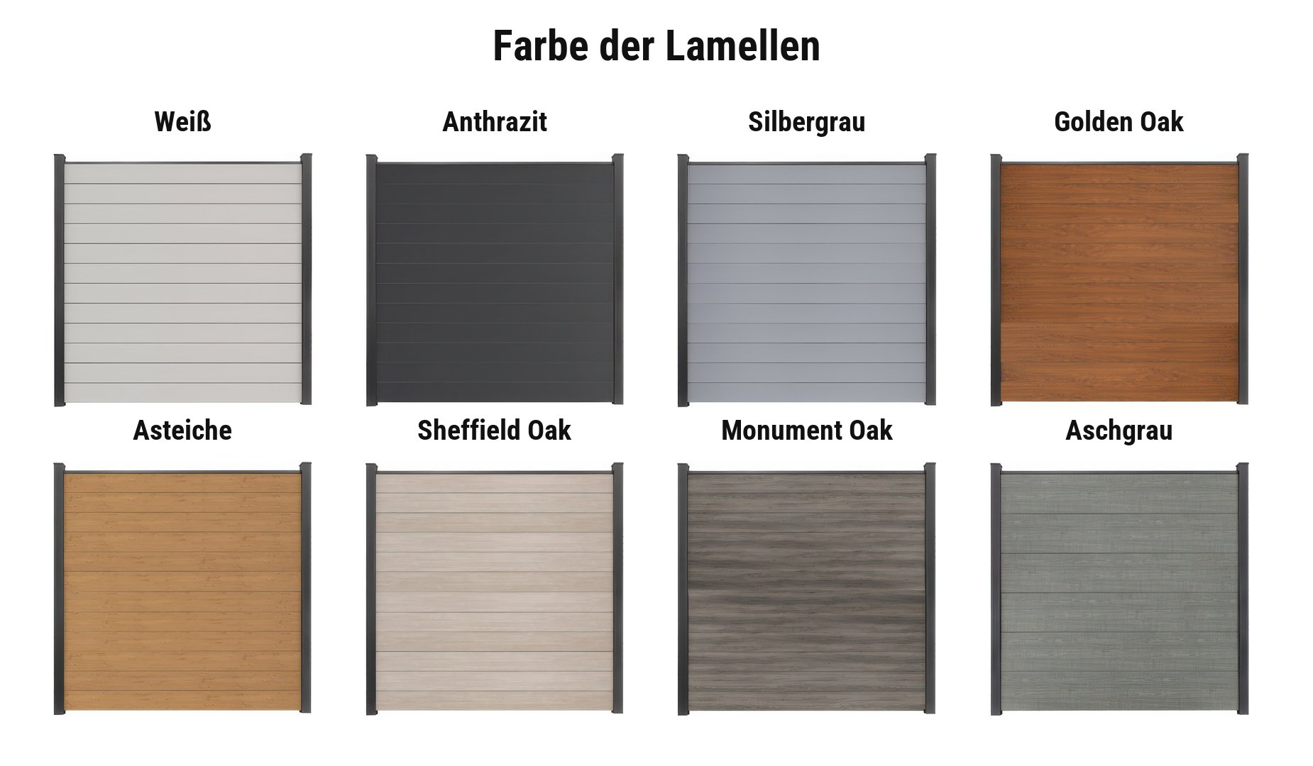 Farbauswahl PVC Steckzaun: PVC-Lamellen in Weiß und 7 Folierungen