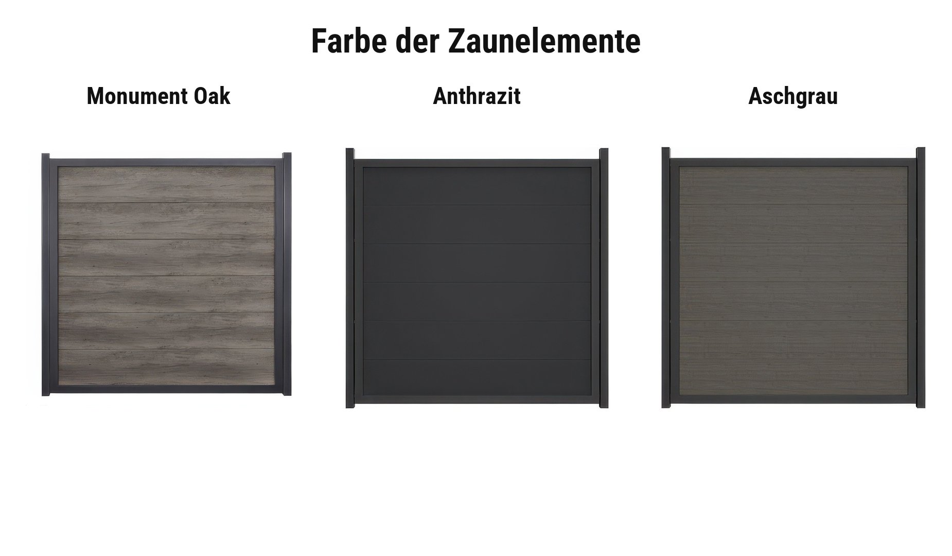Farbauswahl PVC Zaunelemente: Monument Oak, Anthrazit oder Aschgrau