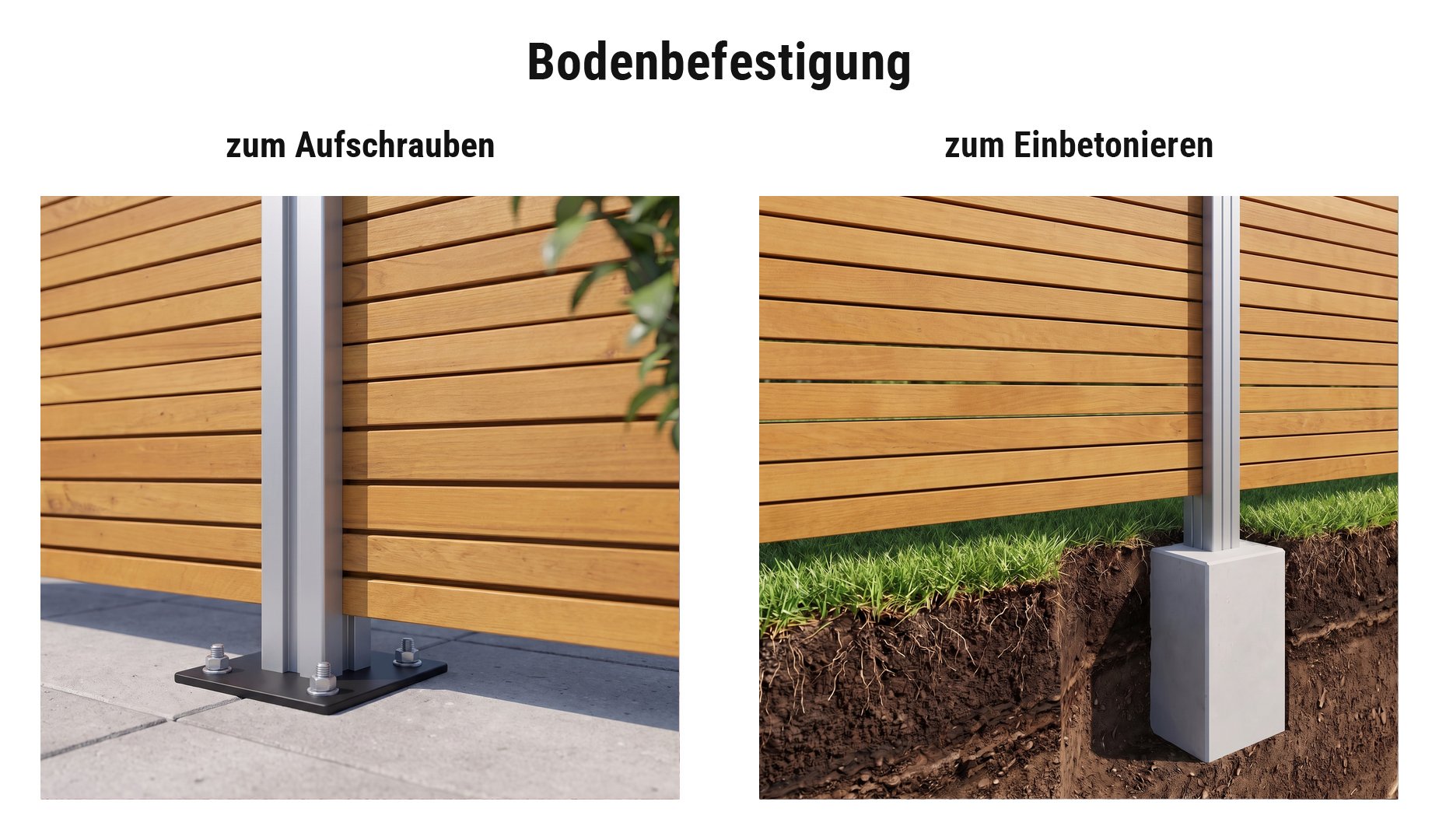 Montage Rhombus Premium: Alu Zaunpfosten einbetoniert oder mit Pfostenträger aufgeschraubt