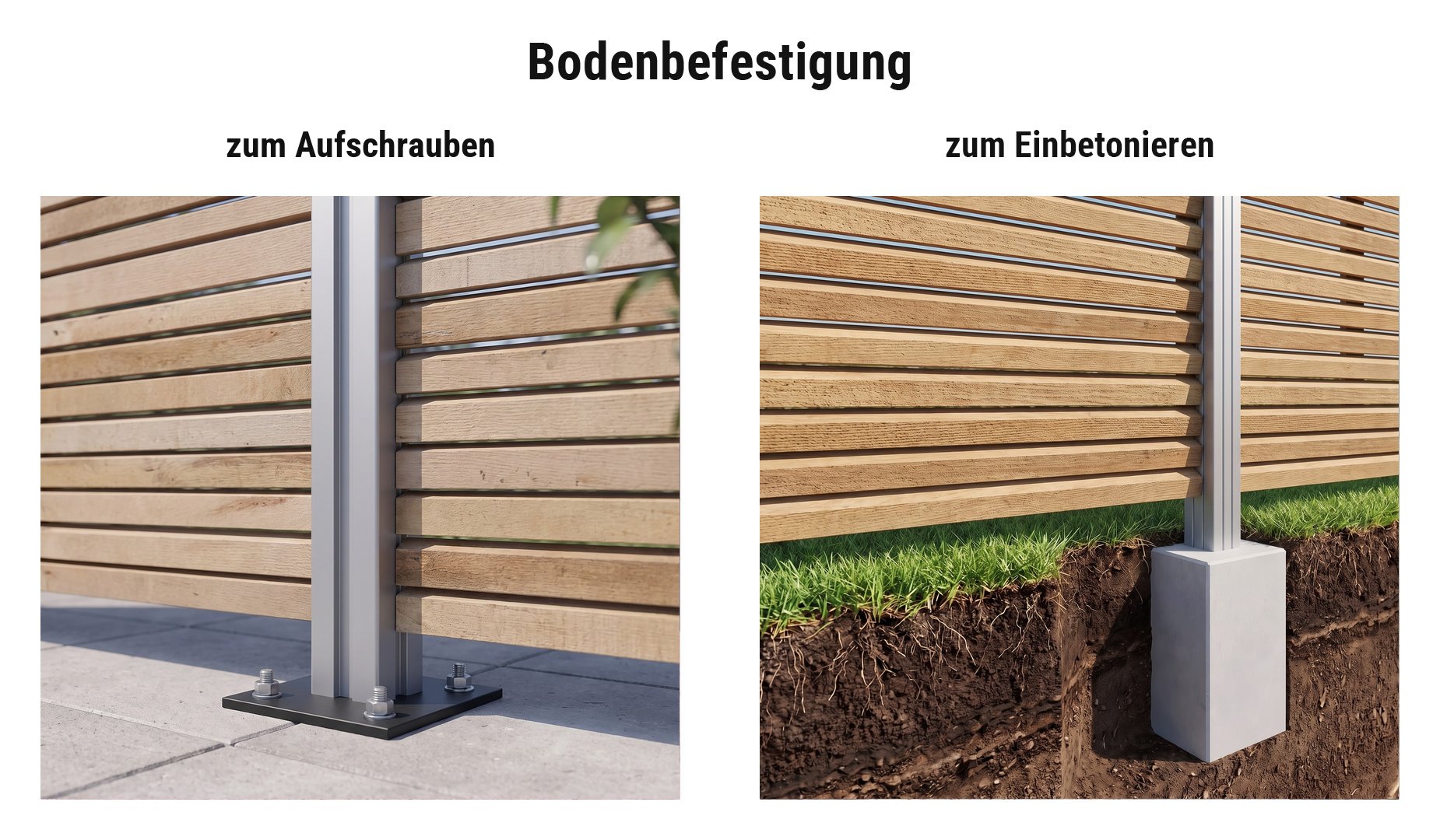 Montage Rhombus Sichtschutzzaun: Alu Zaunpfosten einbetoniert oder mit Pfostenträger aufgeschraubt
