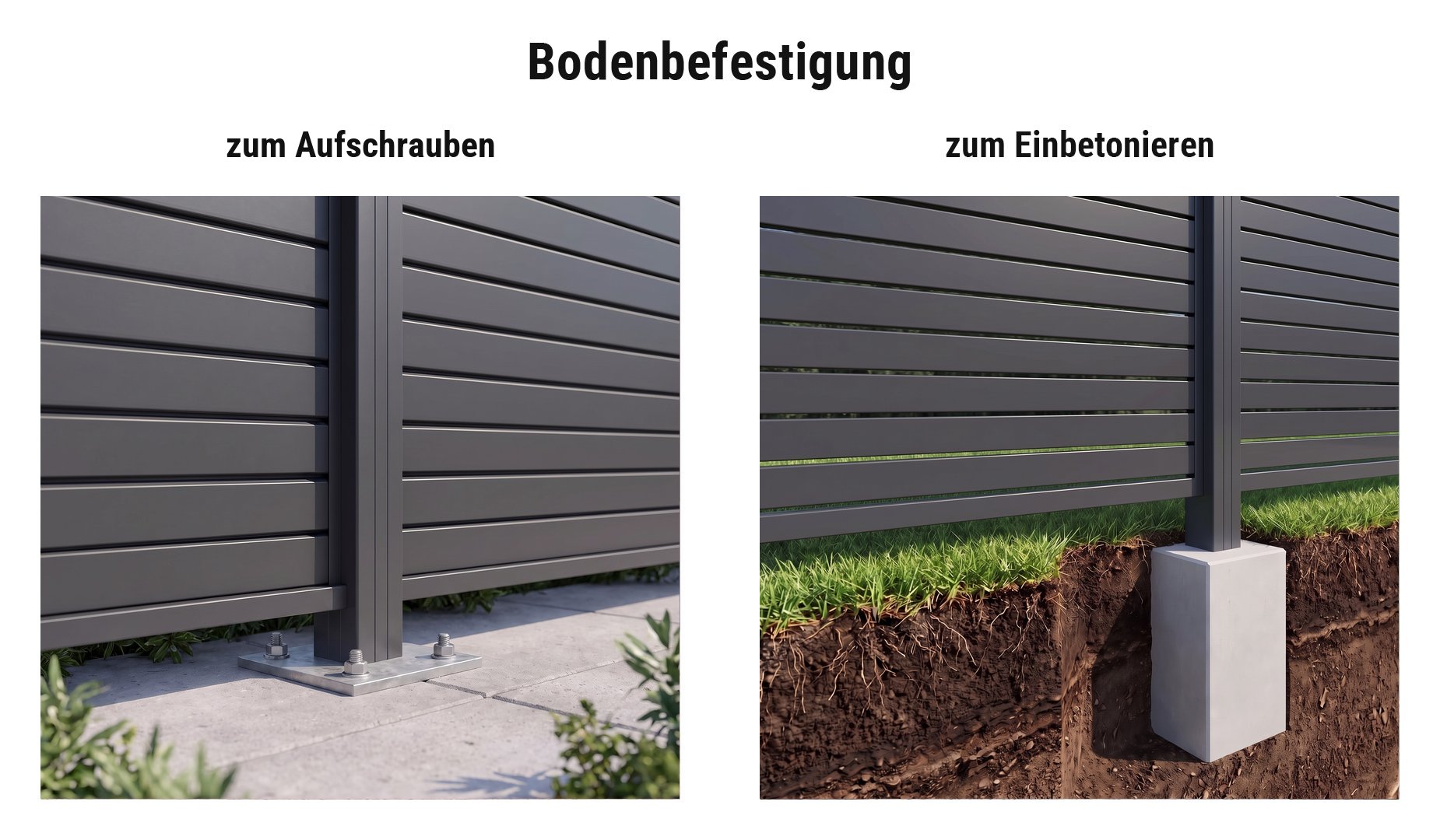 Montage Rhombussichtschutz Heiligenhafen: Universalpfosten mit Pfostenträger aufgeschraubt oder im Betonfundament