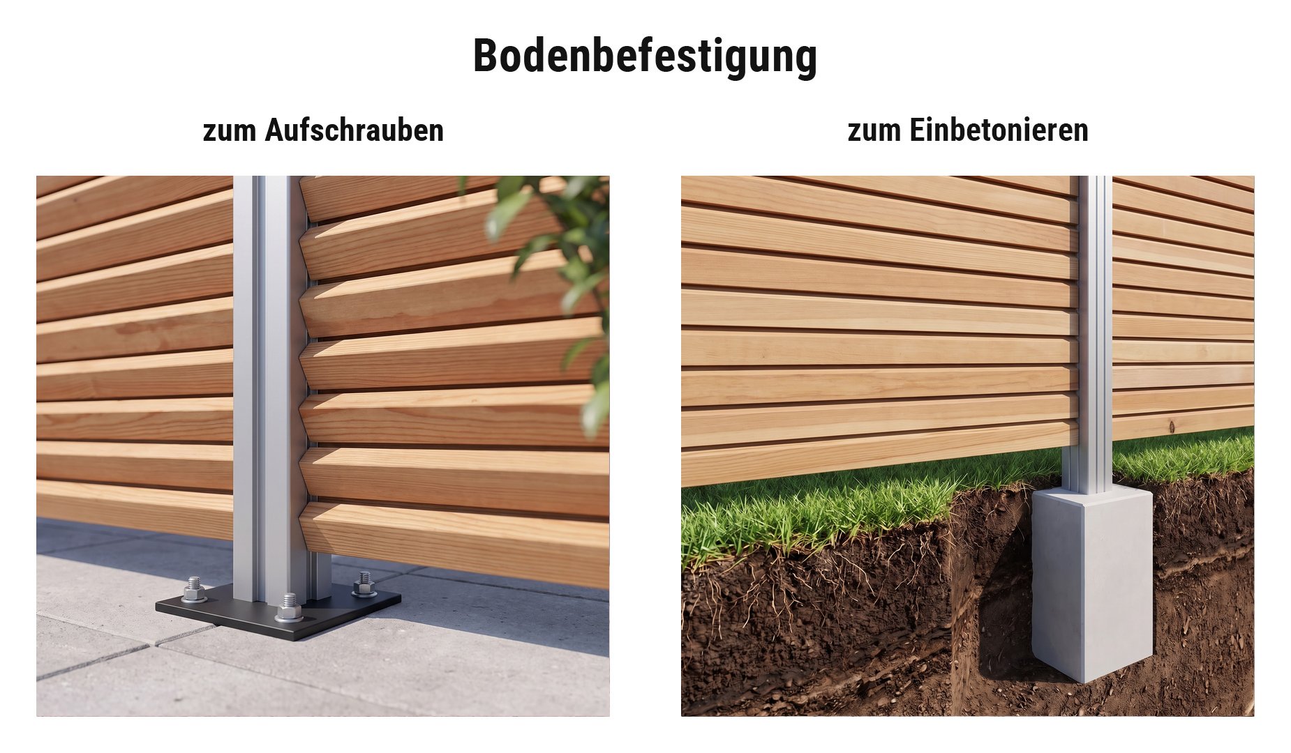 Montage Rhombuszaun: Alu Zaunpfosten einbetoniert oder mit Pfostenträger aufgeschraubt