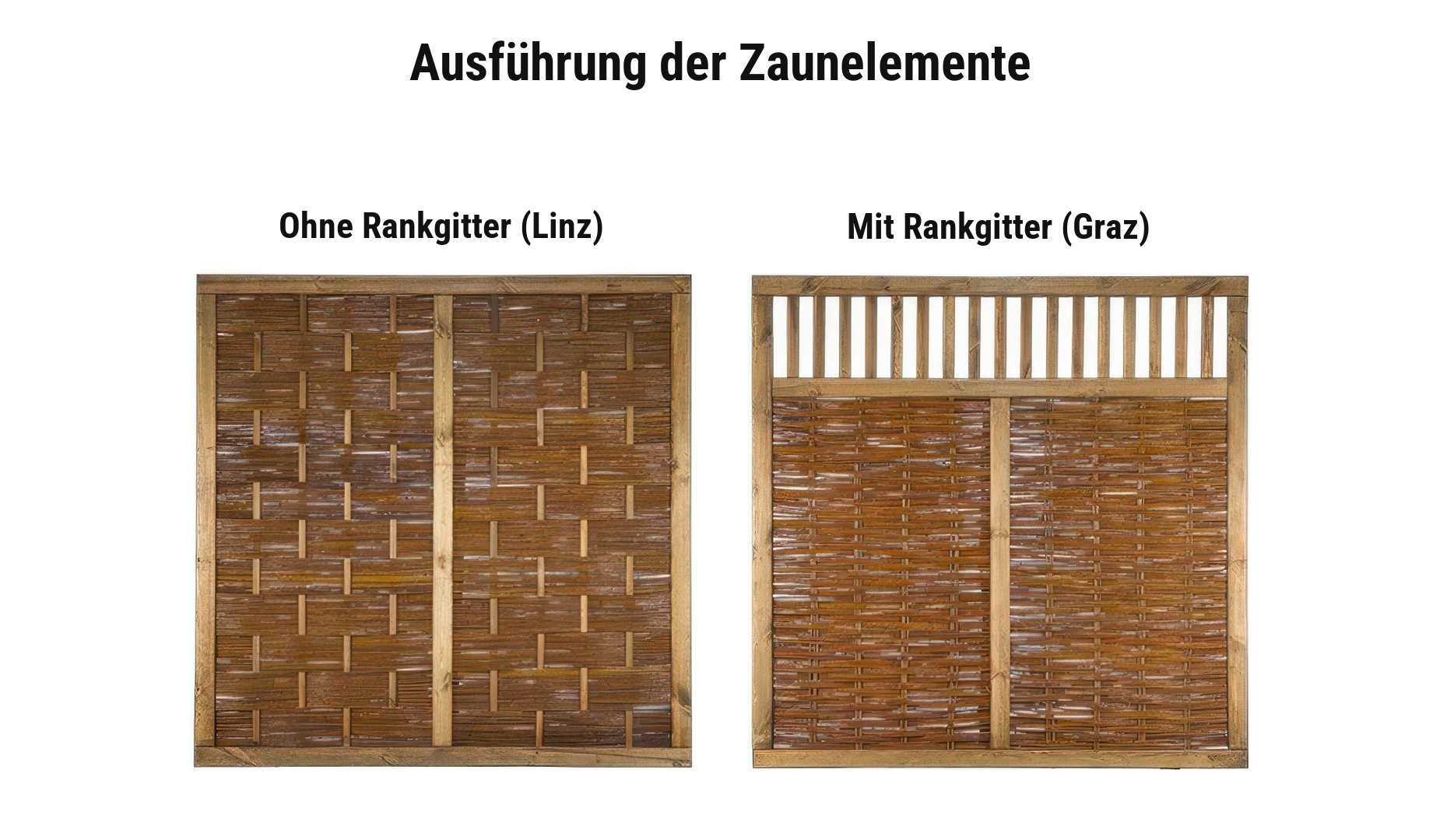 Sichtschutz Weide 180 x 180 cm: ohne Rankgitter (Linz) oder mit Rankgitter (Graz)