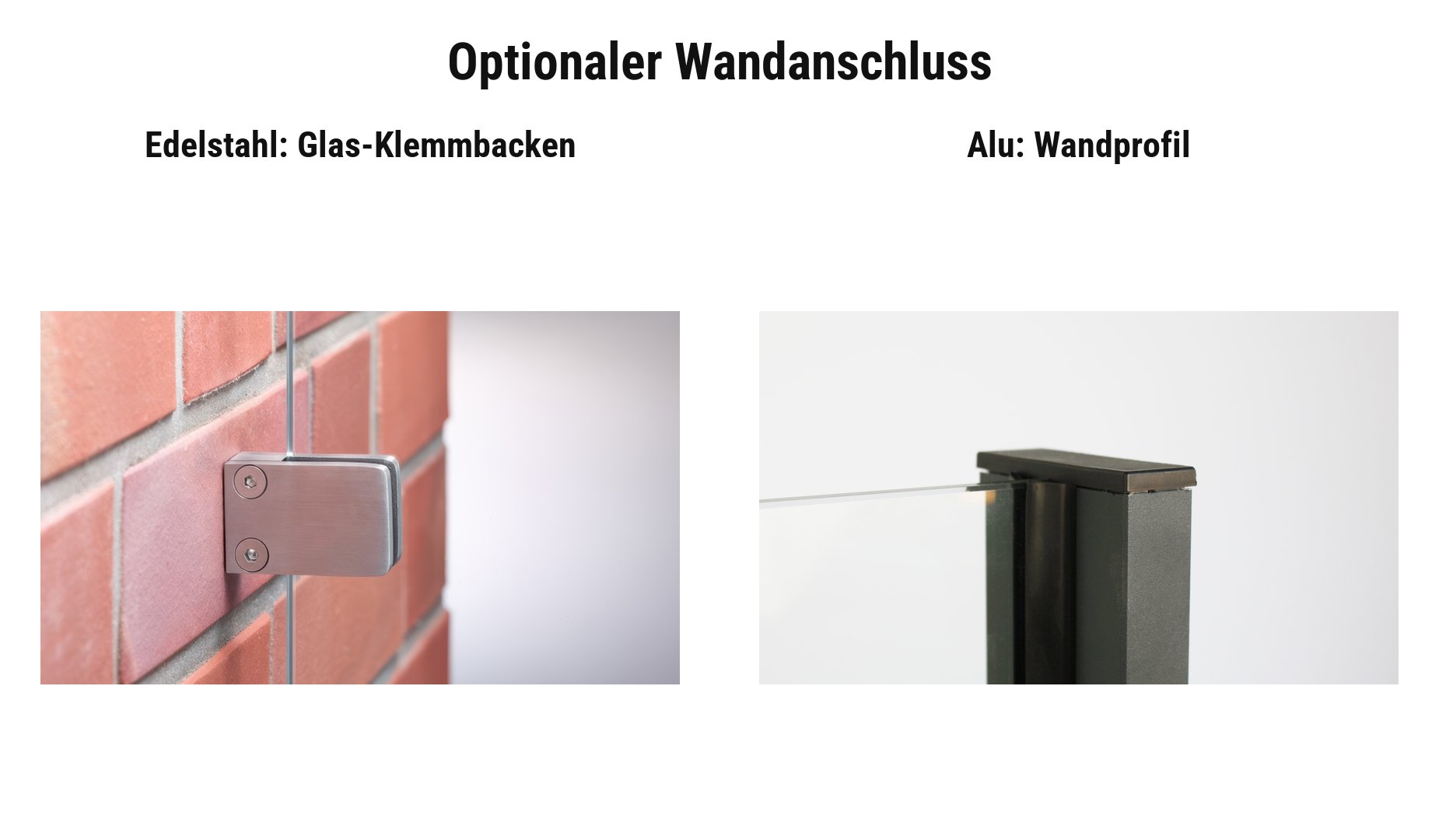 Wandanschluss Sichtschutzelement Glas San Juan: Glas-Klemmbacken V2A oder Wandprofil Universalpfosten