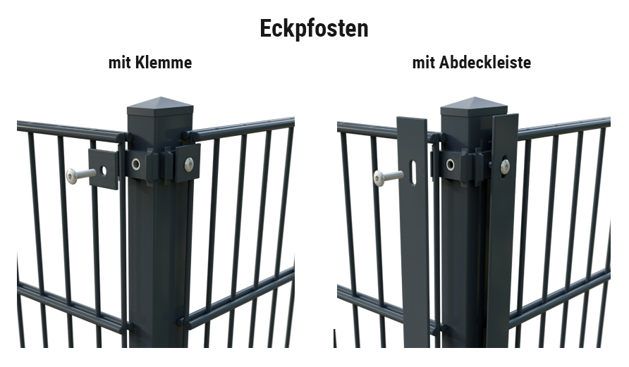 Stahlmattenzaun Komplettset Eckpfosten: links mit Klemme, rechts mit Abdeckleiste