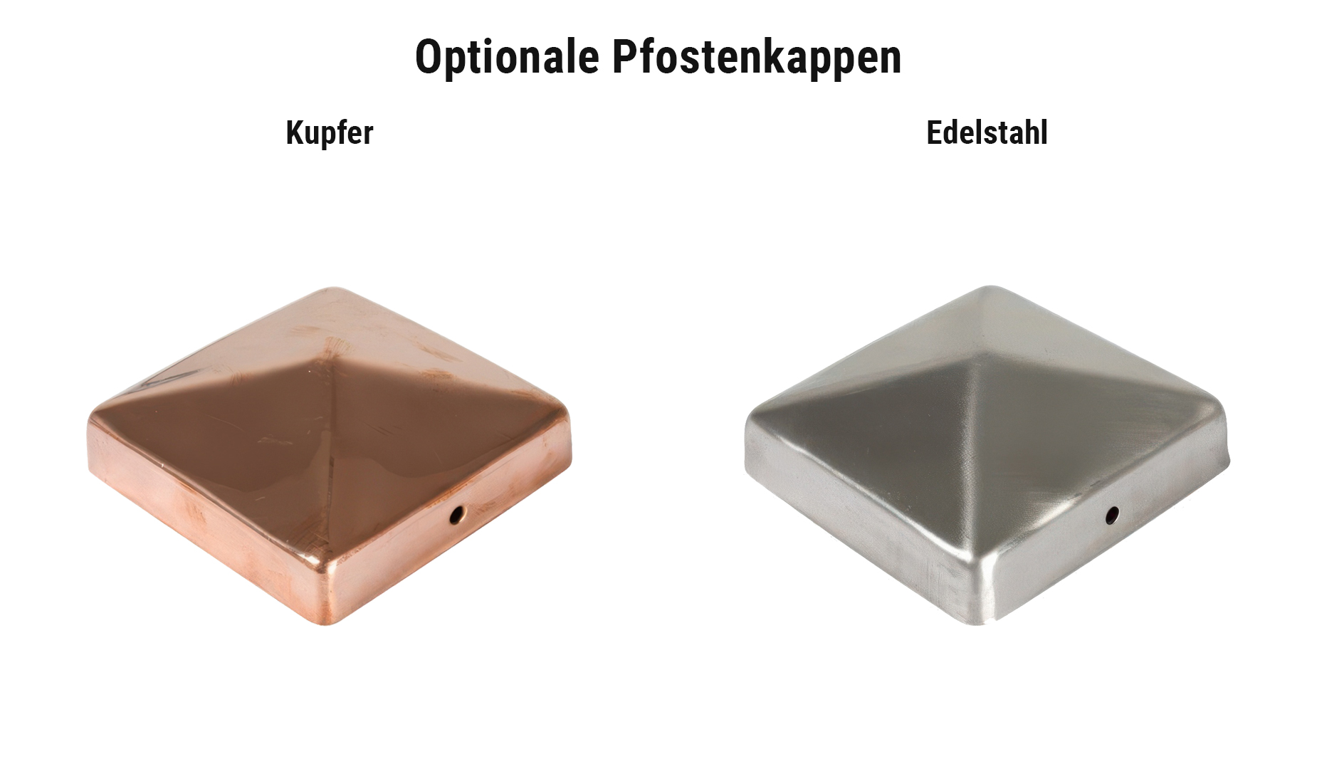Steckzaun Holz Komplettset optionale Pfostenkappen aus Kupfer links und Edelstahl rechts