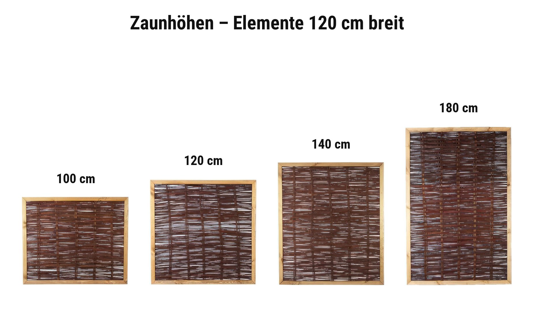 Zaunhöhen Weidenzaun Premium: Elemente mit Rahmen, 120 cm breit, 100, 120, 140 oder 180 cm hoch