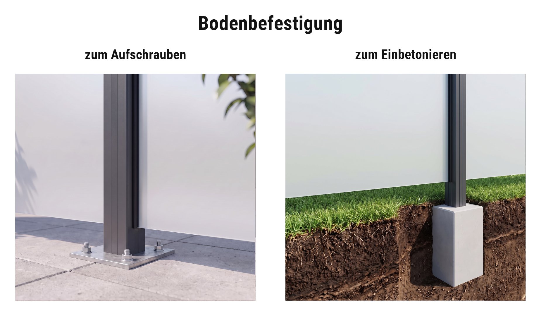 Montage Windschutz Glas San Francisco: Pfosten einbetoniert oder aufgeschraubt