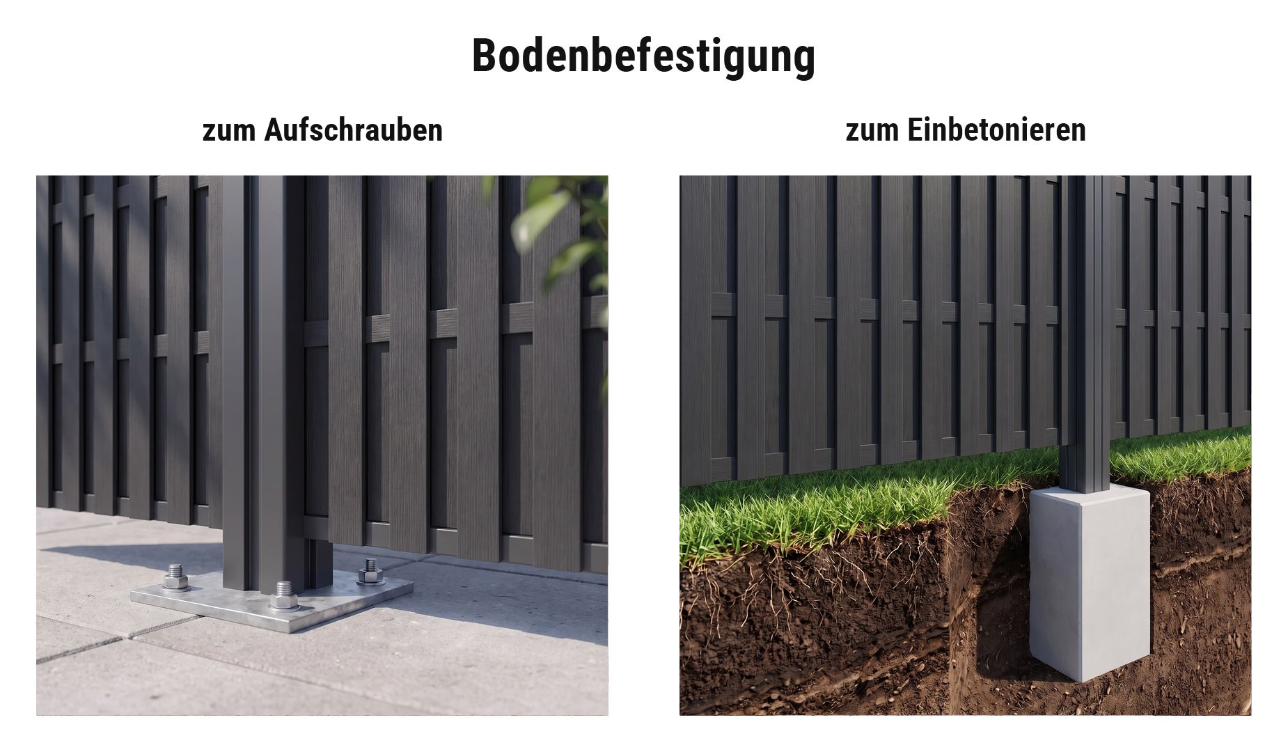 Montage WPC Lamellenzaun Kampen: Eco Aluminiumpfosten mit Standfuß oder im Betonfundament