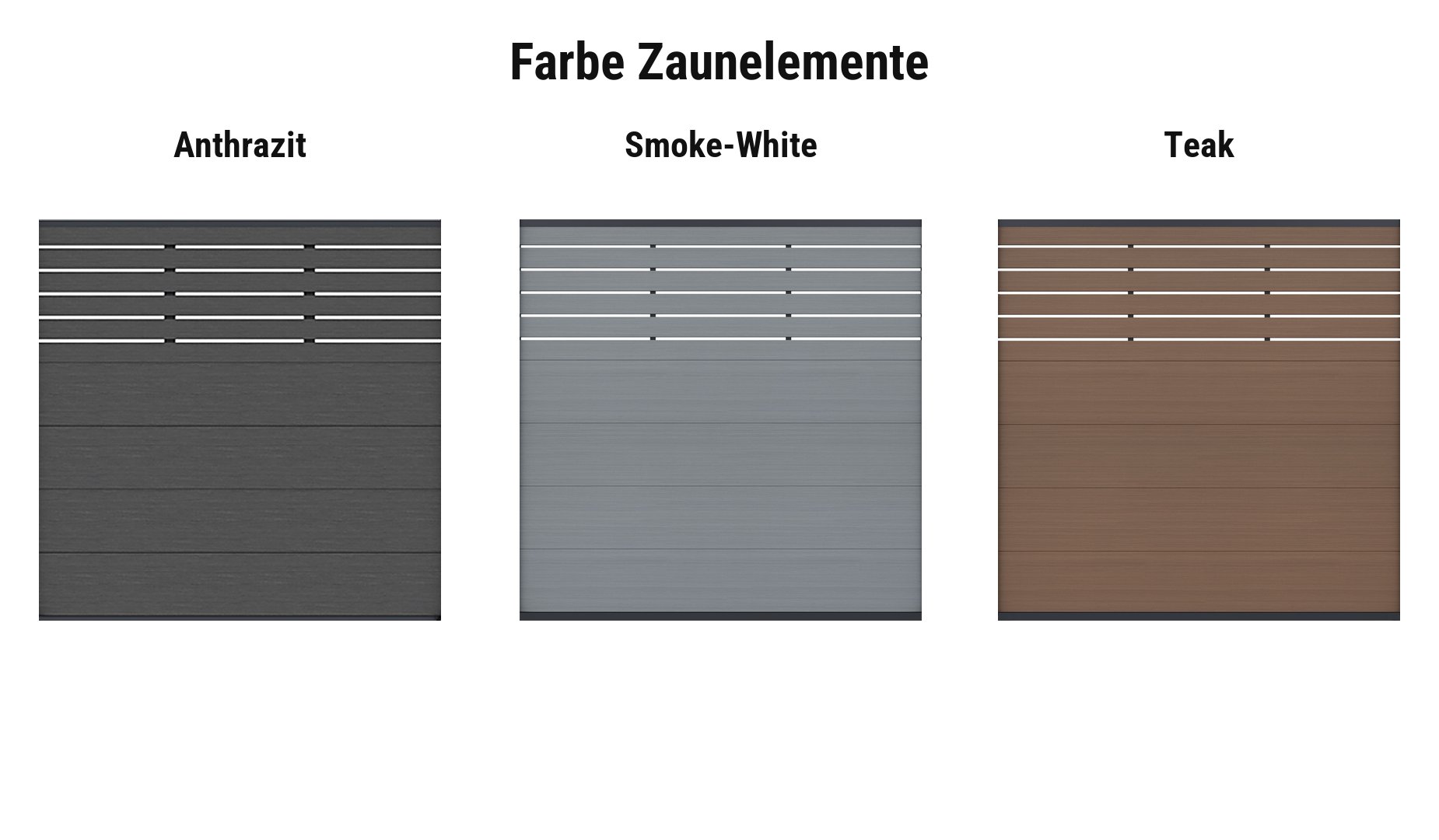 Farbauswahl WPC Sichtschutz Kappeln: Zaunelemente in Anthrazit, Smoke-White und Teak