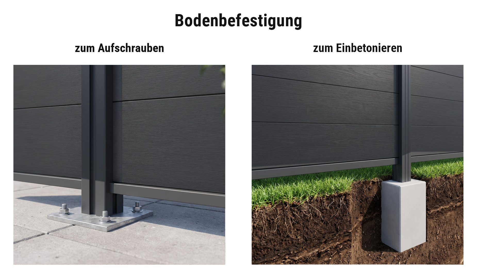 Montage WPC Sichtschutz Kappeln: Pfosten mit Pfostenträger auf Terrassenplatten oder im Betonfundament