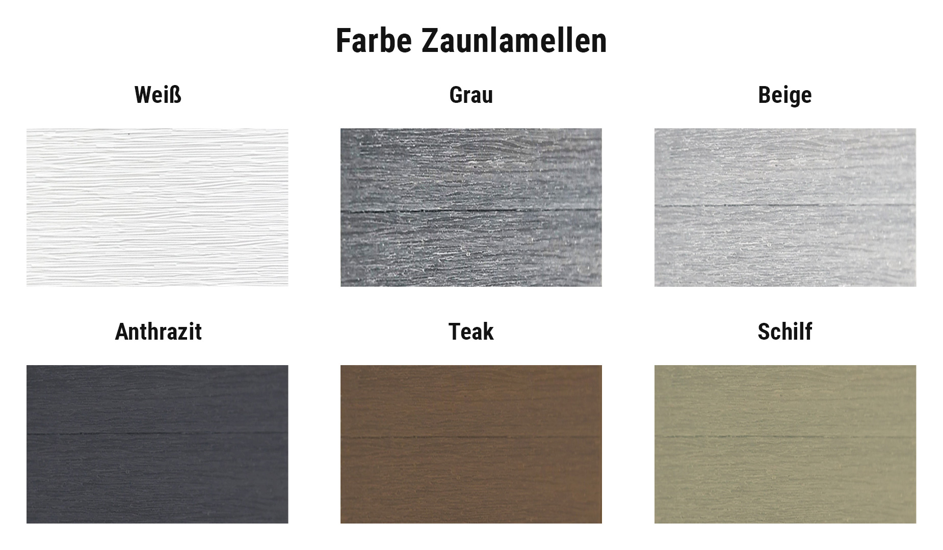 Farbauswahl für WPC Sichtschutzblenden Komplettset Zaunlamellen: Weiß/ Grau / Beige / Anthrazit / Teak / Schilf