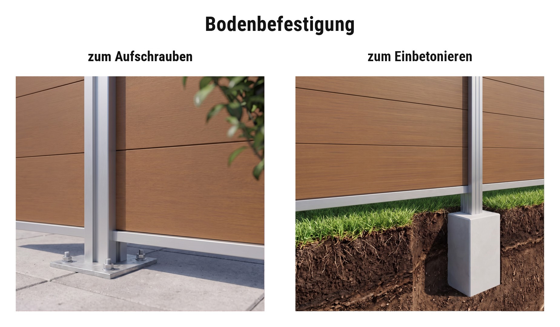 Montage WPC Sichtschutzblenden Mölln: Pfosten mit Pfostenträger aufschrauben oder einbetonieren