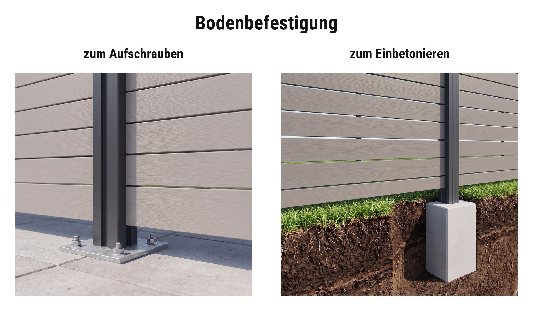 Montage WPC Sichtschutzelemente Emden: Pfosten mit Pfostenträger auf Terrassenplatten oder im Betonfundament
