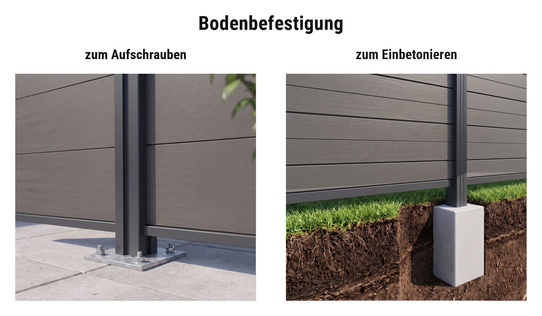 Montage WPC Sichtschutzwand Mellum: Pfosten mit Pfostenträger auf Terrassenplatten oder im Betonfundament