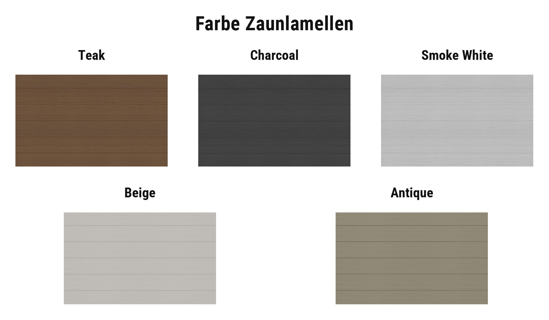 Farbauswahl WPC Steckzaun Laboe: Lamellen in Teak, Charcoal, Smoke White, Beige und Antique