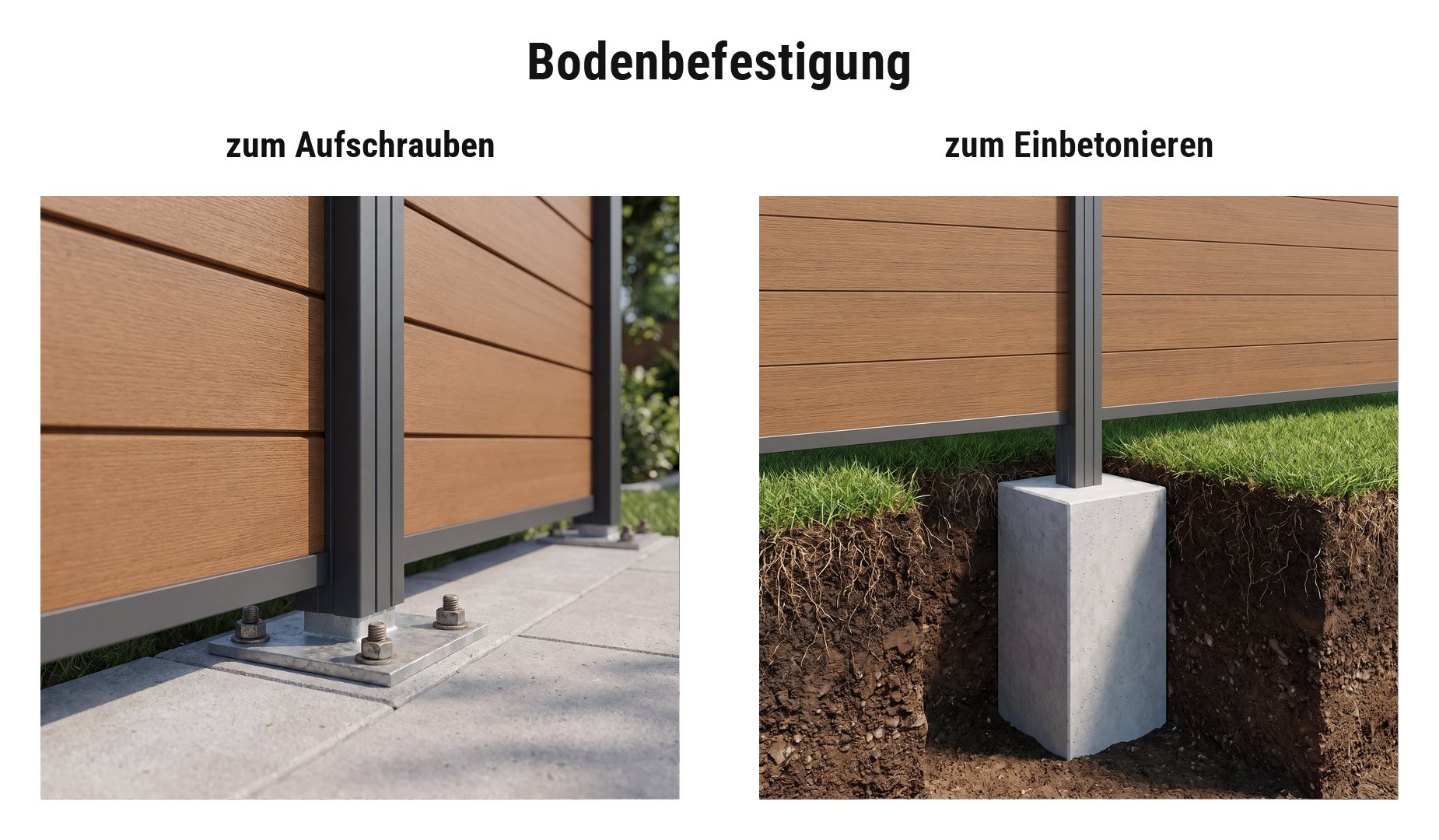 Montage WPC Steckzaun Laboe: Pfosten mit Pfostenträger auf Terrassenplatten oder im Betonfundament