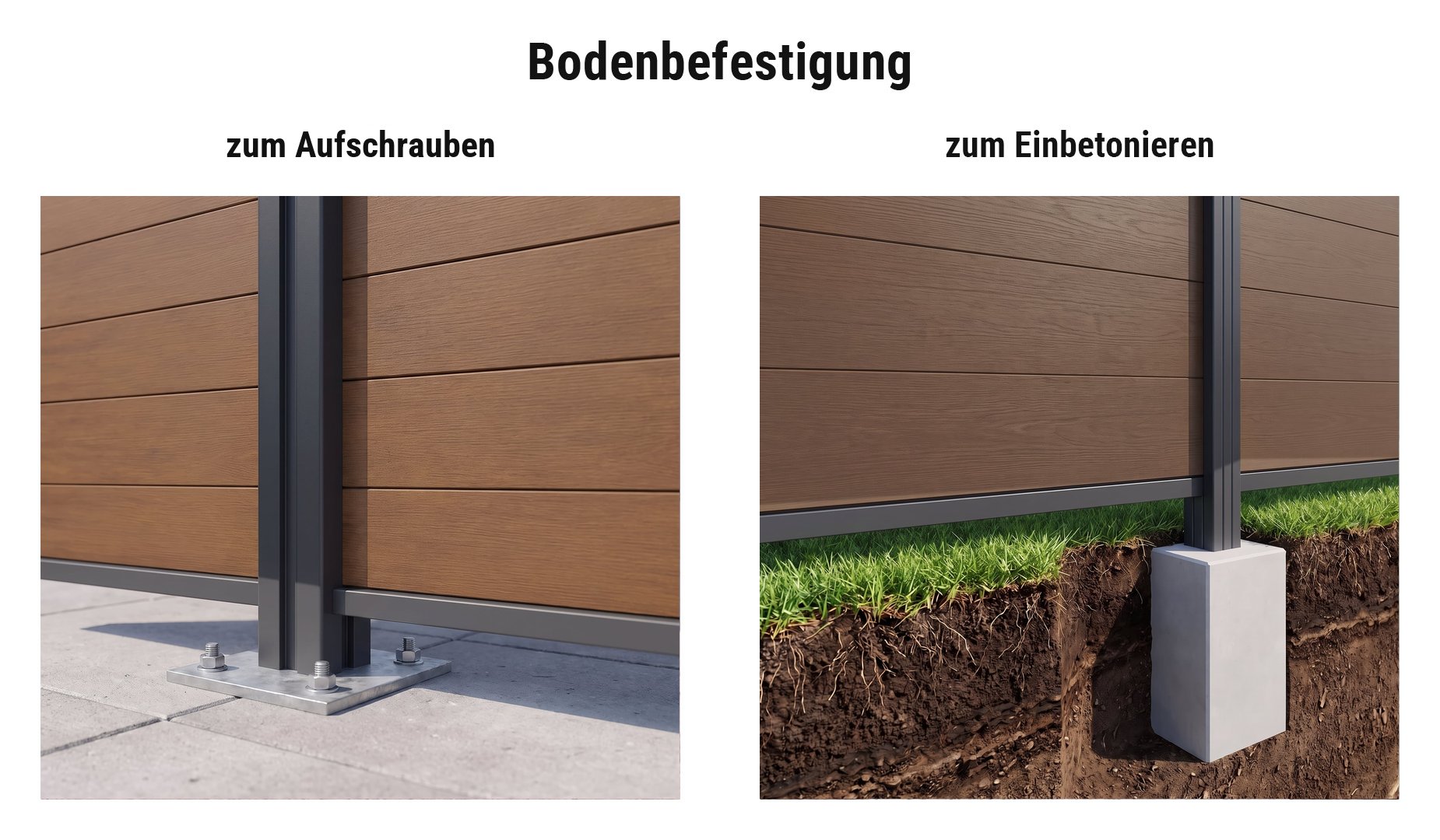 Montage WPC Steckzaun Laboe XL: Pfosten mit Pfostenträger auf Terrassenplatten oder im Betonfundament