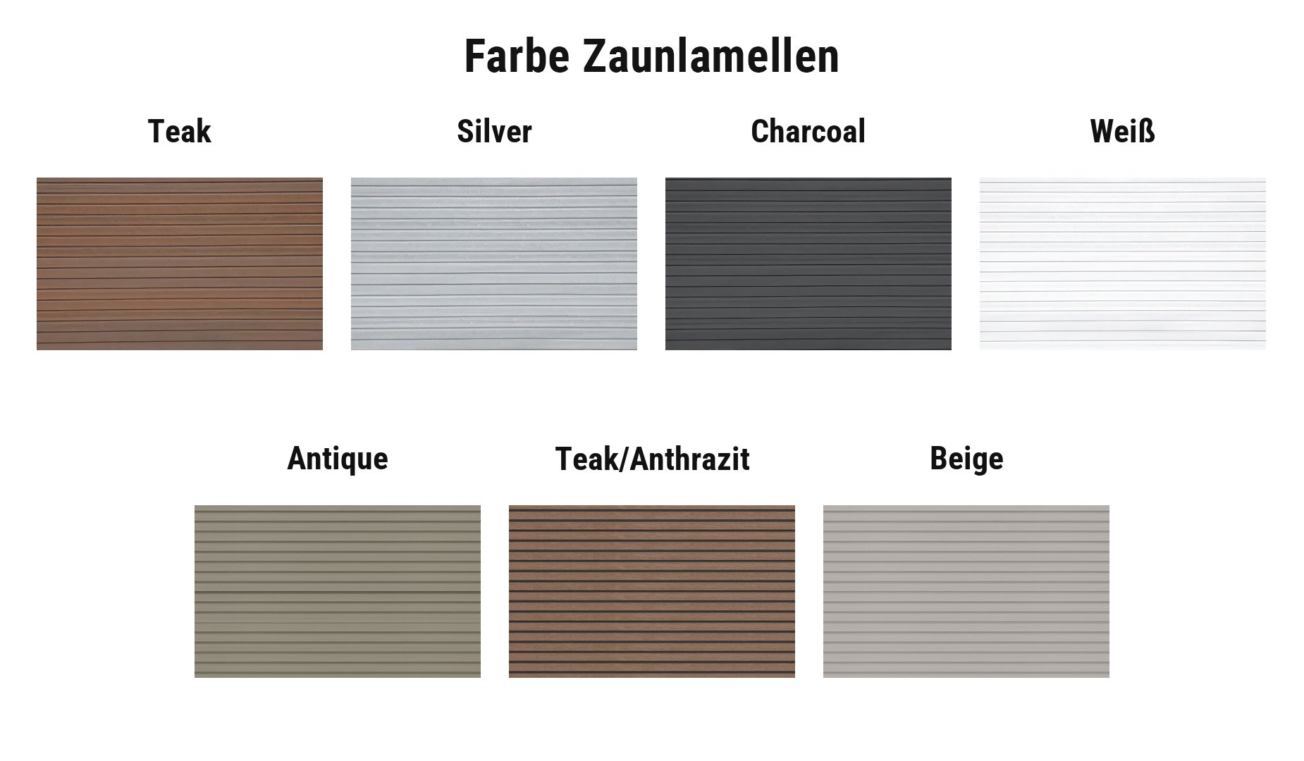 Farbauswahl WPC Steckzaunsystem Heiligendamm: Lamellen in 7 Farben von Teak bis Beige