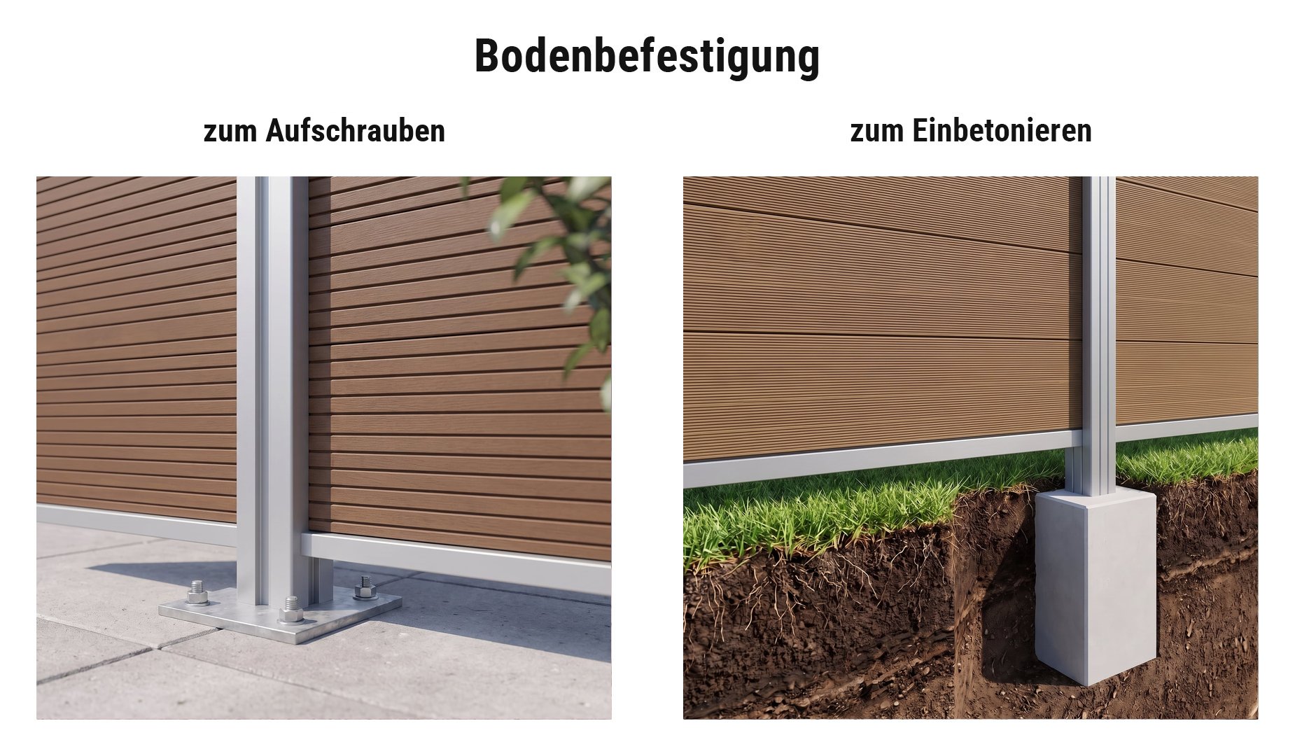 Montage WPC Steckzaunsystem Heiligendamm: Pfosten mit Pfostenträger auf Terrassenplatten oder im Betonfundament