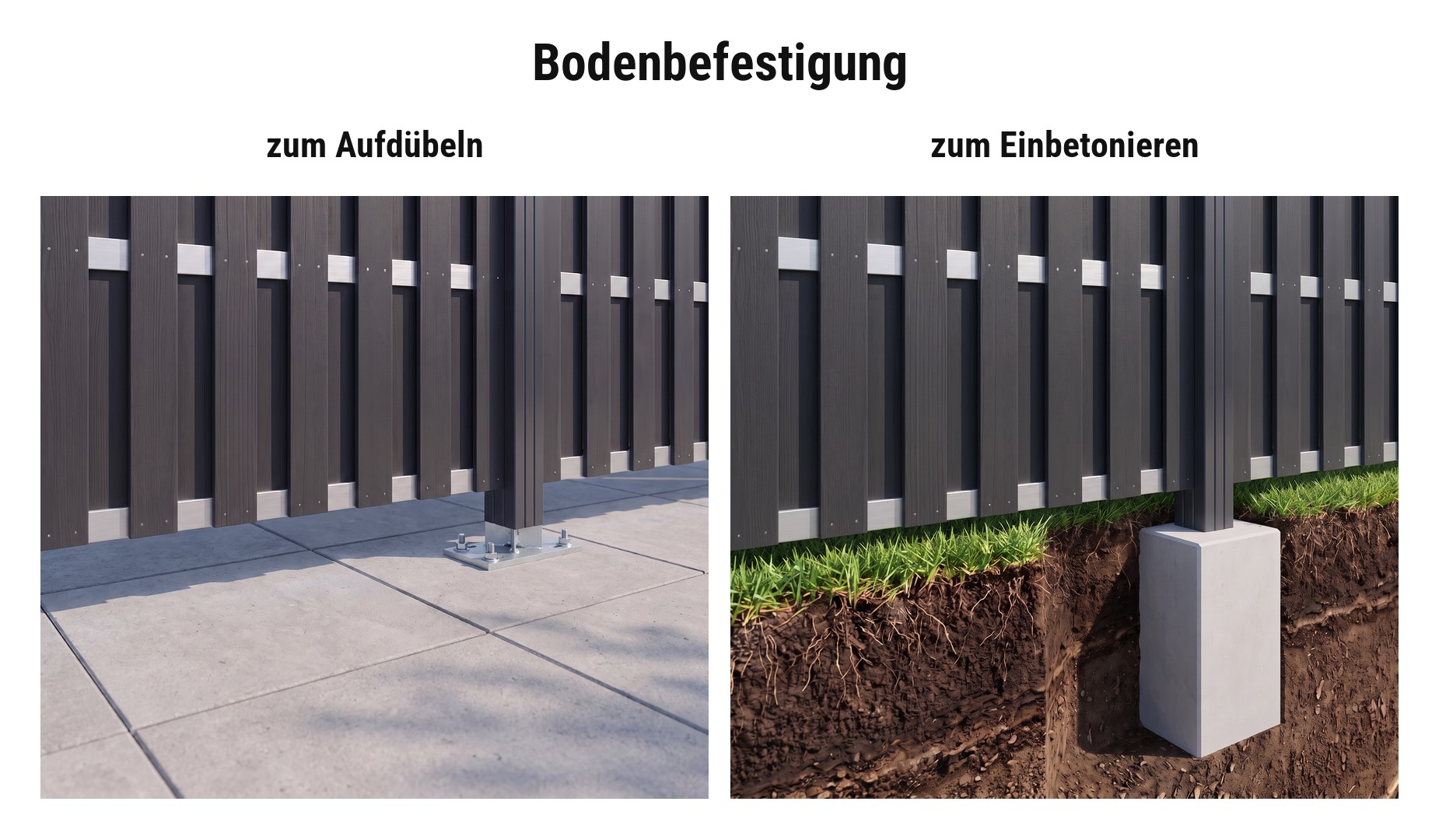 WPC Zäune Komplettset Bodenbefestigung:  Pfosten zum Aufdübeln mit Pfostenträger oder Pfosten zum Einbetonieren