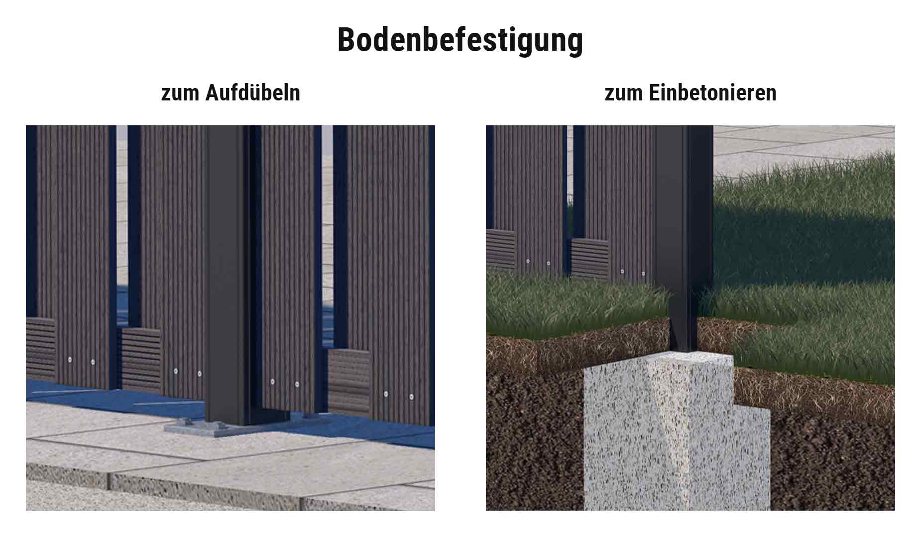 WPC Zäune Komplettset Bodenbefestigung:  Pfosten zum Aufdübeln mit Pfostenträger oder Pfosten zum Einbetonieren