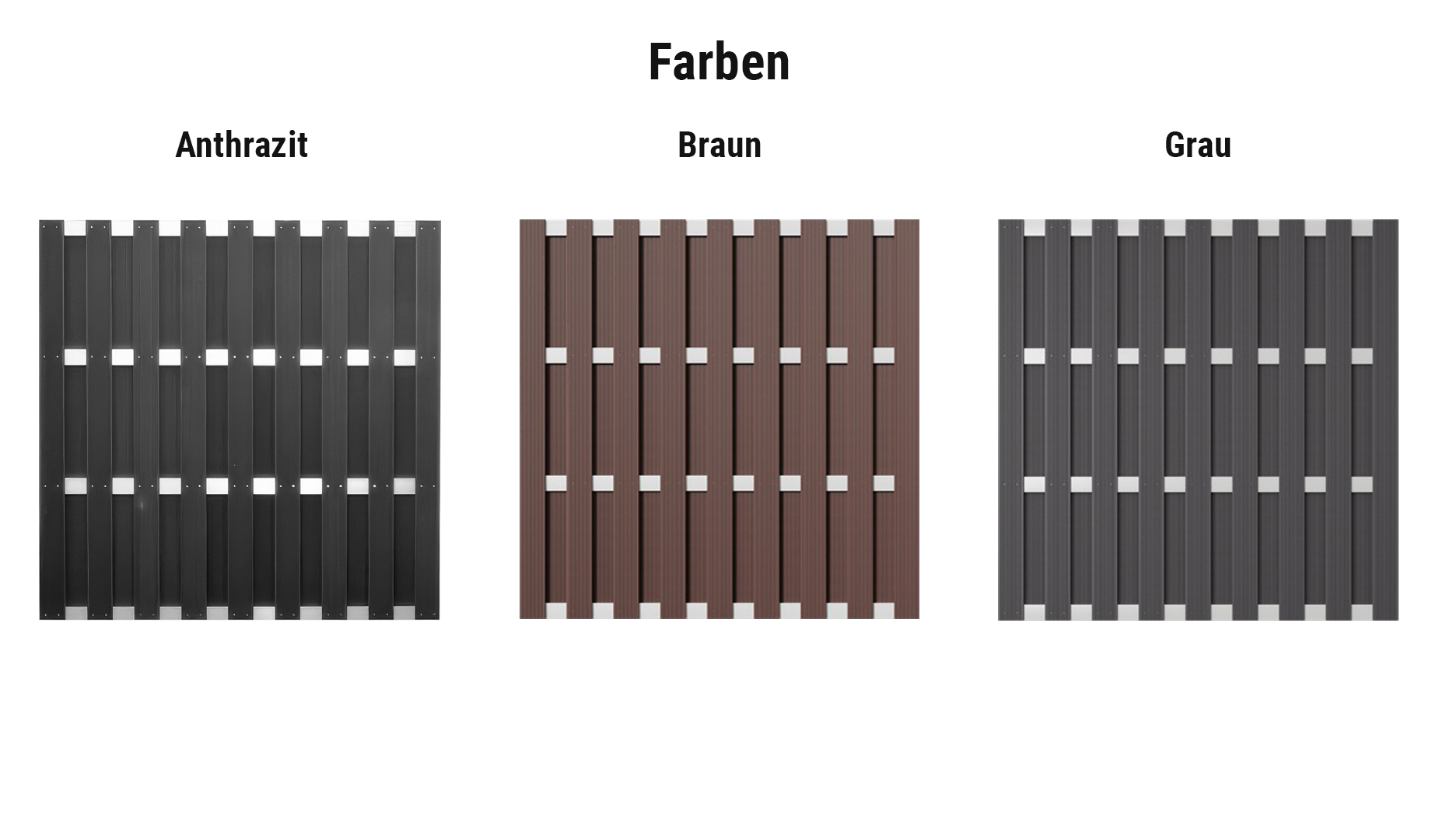 Farbauswahl für WPC Zäune Komplettset Zaunfelder: Anthrazit, Braun oder Grau