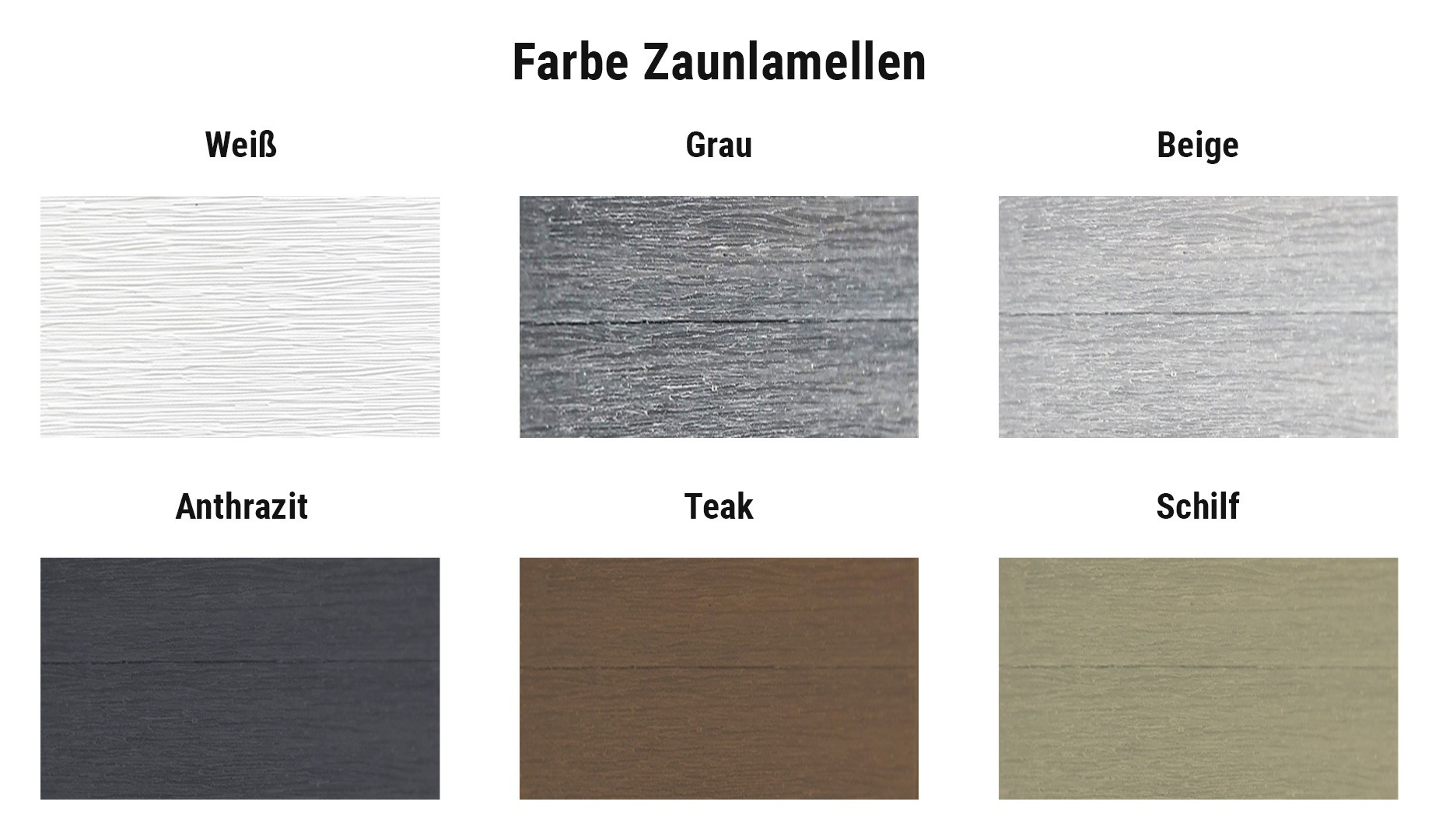Farbauswahl WPC Zaun Schwerin: Lamellen in Weiß, Grau, Beige, Anthrazit, Teak und Schilf
