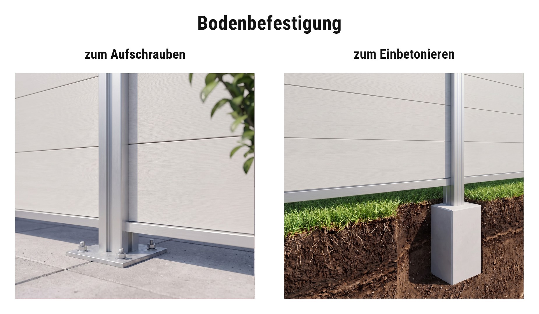Montage WPC Zaun Schwerin: Pfosten mit Pfostenträger aufschrauben oder im Betonfundament einbetonieren