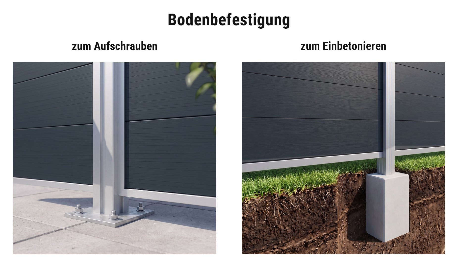 Montage WPC Zaunelemente Samso: Eco Aluminiumpfosten mit Standfuß oder im Betonfundament
