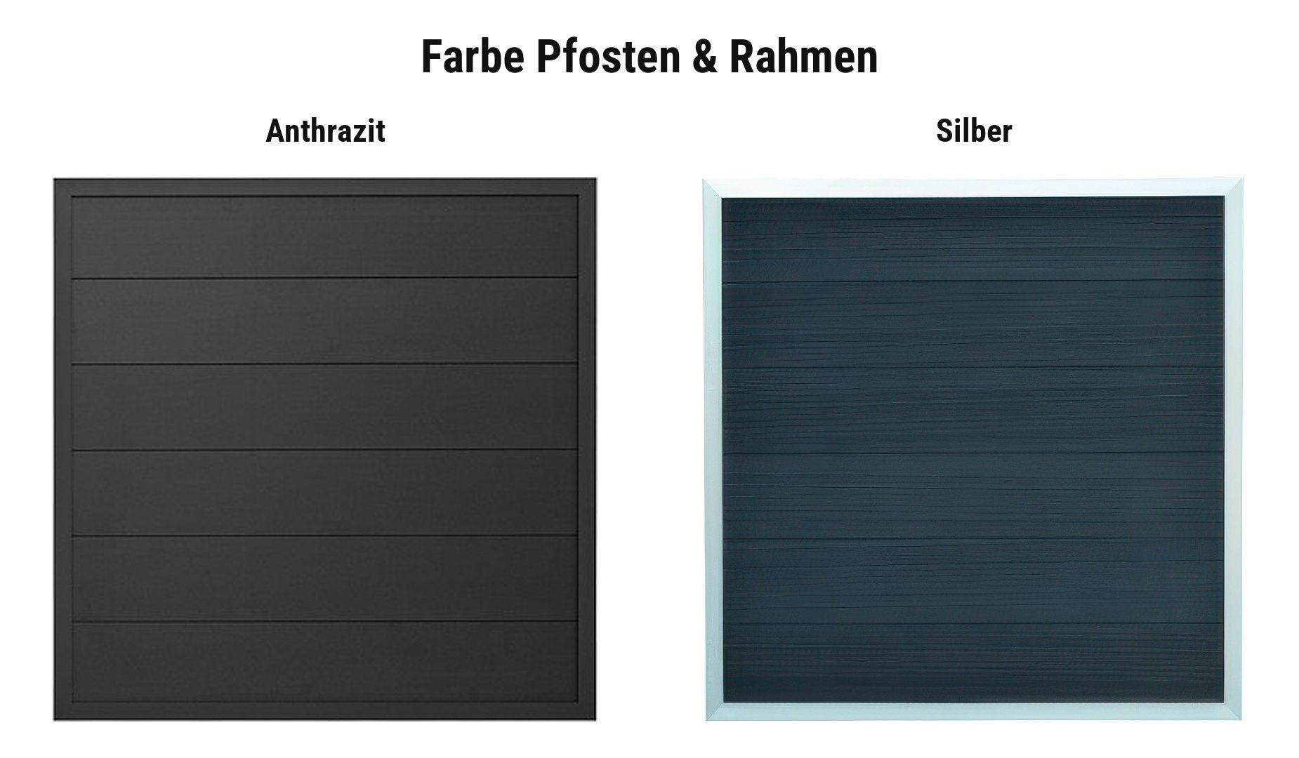 Farbauswahl WPC Zaunelemente Samso: Pfosten und Alurahmen in Anthrazit oder Silber