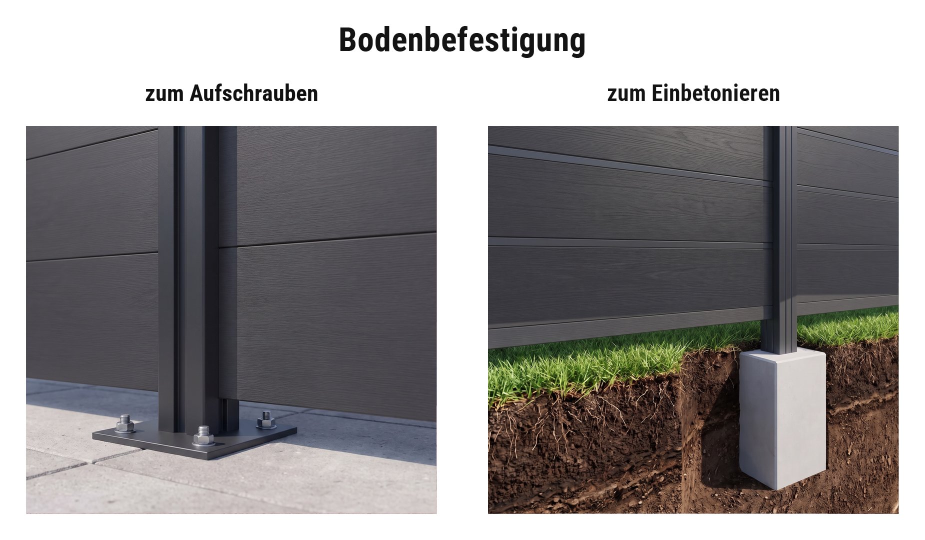 Montage WPC Zaunsystem Flensburg Deluxe: Alupfosten mit Pfostenträger Trent oder im Betonfundament