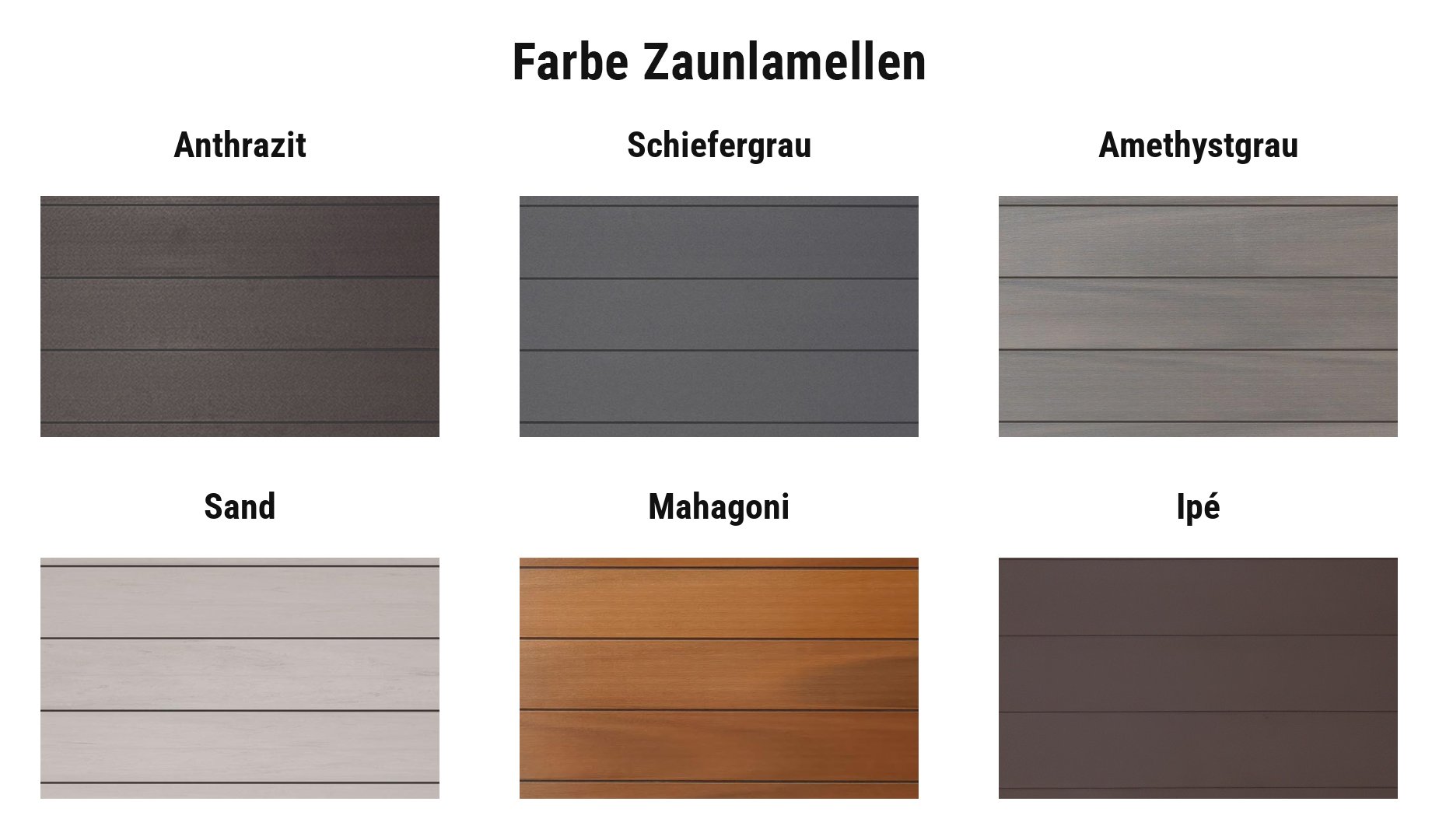 Farbauswahl WPC Zaunsystem Flensburg Deluxe: Lamellen in 6 Farben von Anthrazit bis Ipé