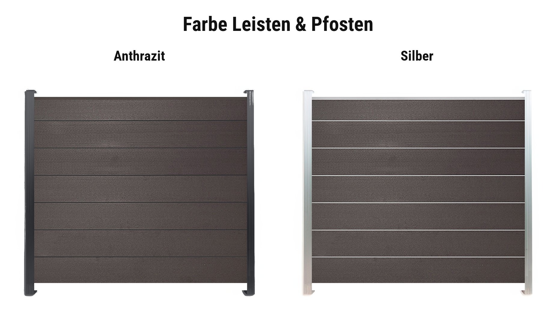 Farbauswahl WPC Zaunsystem Flensburg Deluxe: Zwischenleisten, Abschlussleisten und Pfosten in Anthrazit oder Silber