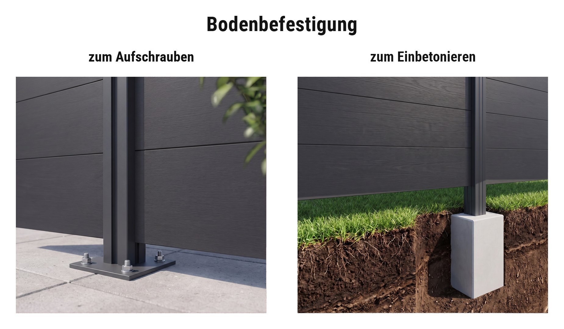 Montage WPC Zaunsystem Flensburg: Alupfosten mit Pfostenträger Trent oder im Betonfundament