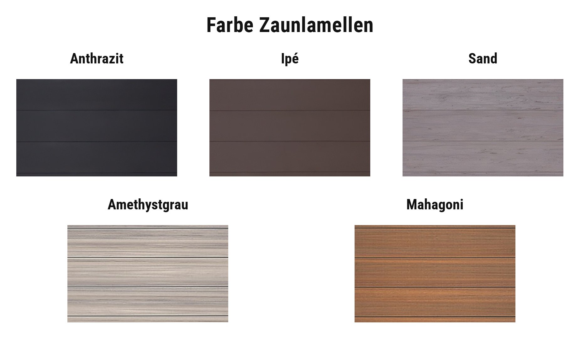 Farbauswahl WPC Zaunsystem Flensburg: Lamellen in Anthrazit, Ipé, Sand, Amethystgrau und Mahagoni
