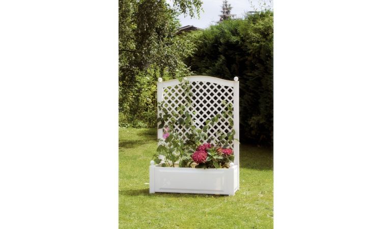 Großer Blumenkübel mit Spalier aus weißem Kunststoff, Maße: 100 x 140 x 43cm
